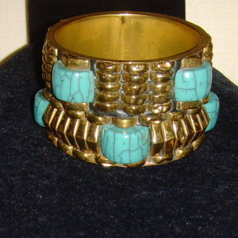 Vintage Gold-Tone and Faux Turquoise Wide Bangle Bracelet